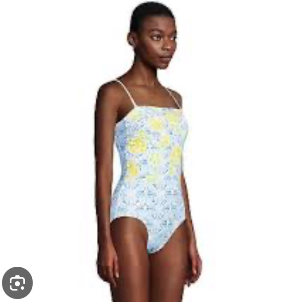 Lands' End Women's Bandeau One Piece With Tummy Control Limes Lemons Pool Beach
